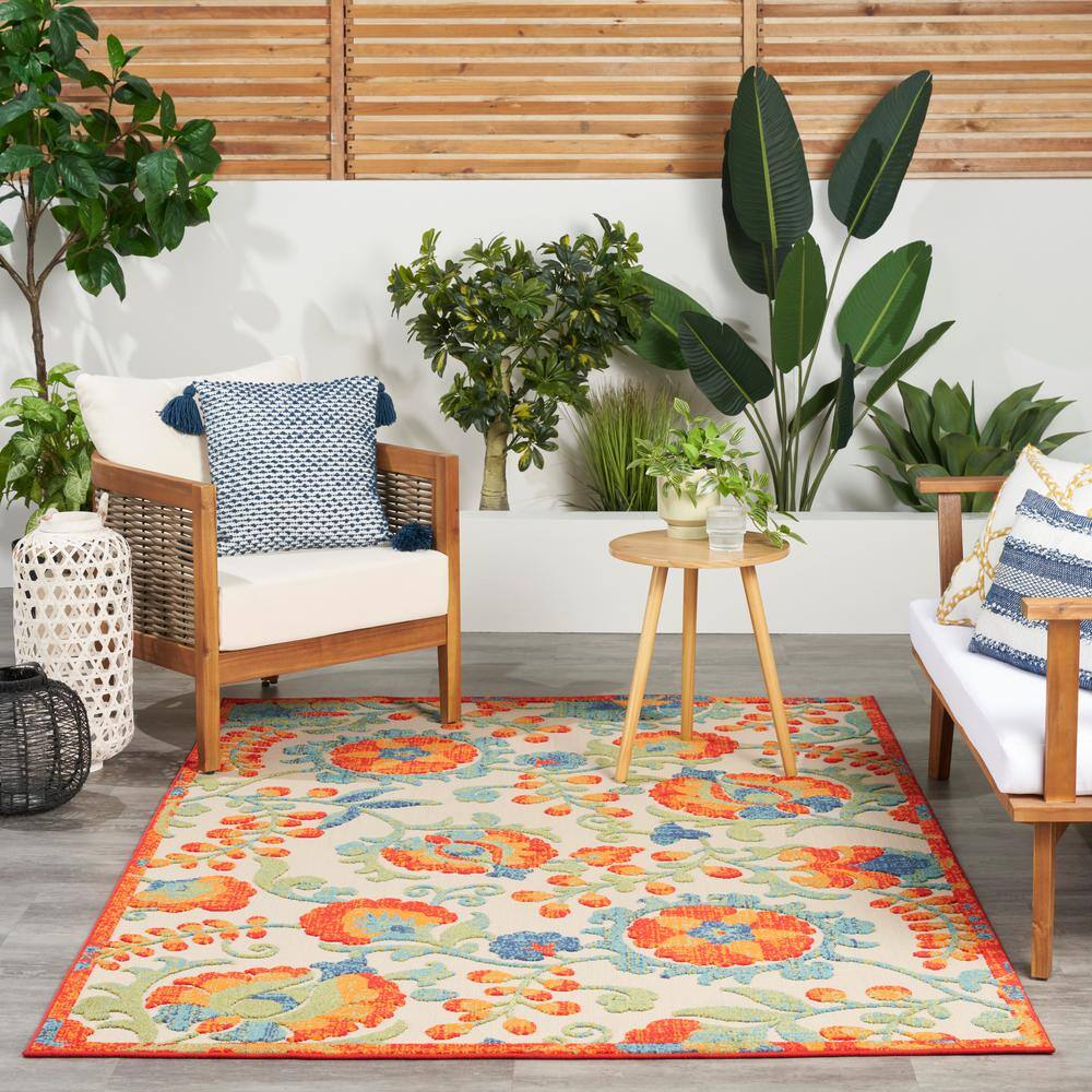 Aloha Red Multicolor Floral Synthetic Outdoor Rug 5'3" x 7'5"