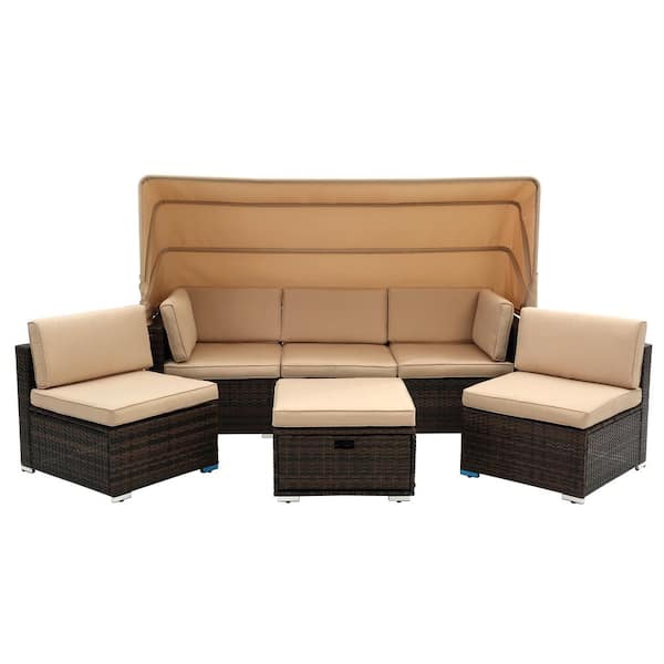 maocao hoom Black Wicker Outdoor Chaise Lounge with Beige Cushions