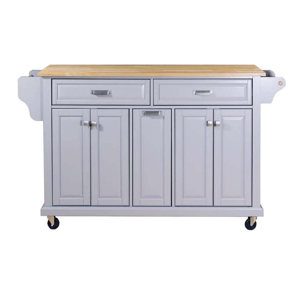 ANGELES HOME Gray Solid Wood Countertop 60 1/2 in. W Rolling Kitchen Island Cart on Wheels