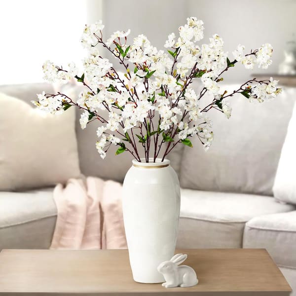 35 in. Cream White Artificial Cherry Blossom Flower Stem Spray (Set of 4)