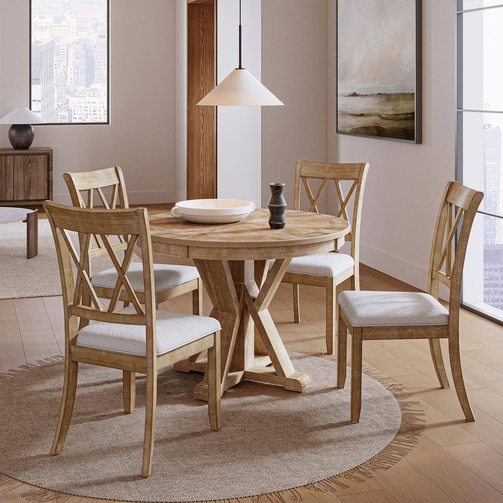 JAYDEN CREATION Vianey 5-Piece Round Natural Dining Set with 4-Chairs ...