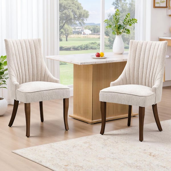 Sumptuous Beige Linen Dining Chairs Set of 2, Channel Tufted Upholstered Dining Chair with Curved Solid Wood Legs