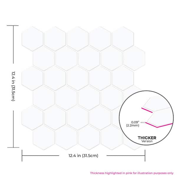 Crystiles Hexagon White, Glossy 12in x 12in Peel and Stick Vinyl Backsplash Tile, Pro Series Thicker Version (4-Pack) Crystiles Hexagon White, Glossy 12in x 12in Peel and Stick Vinyl Backsplash Tile, Pro Series Thicker Version (4-Pack)