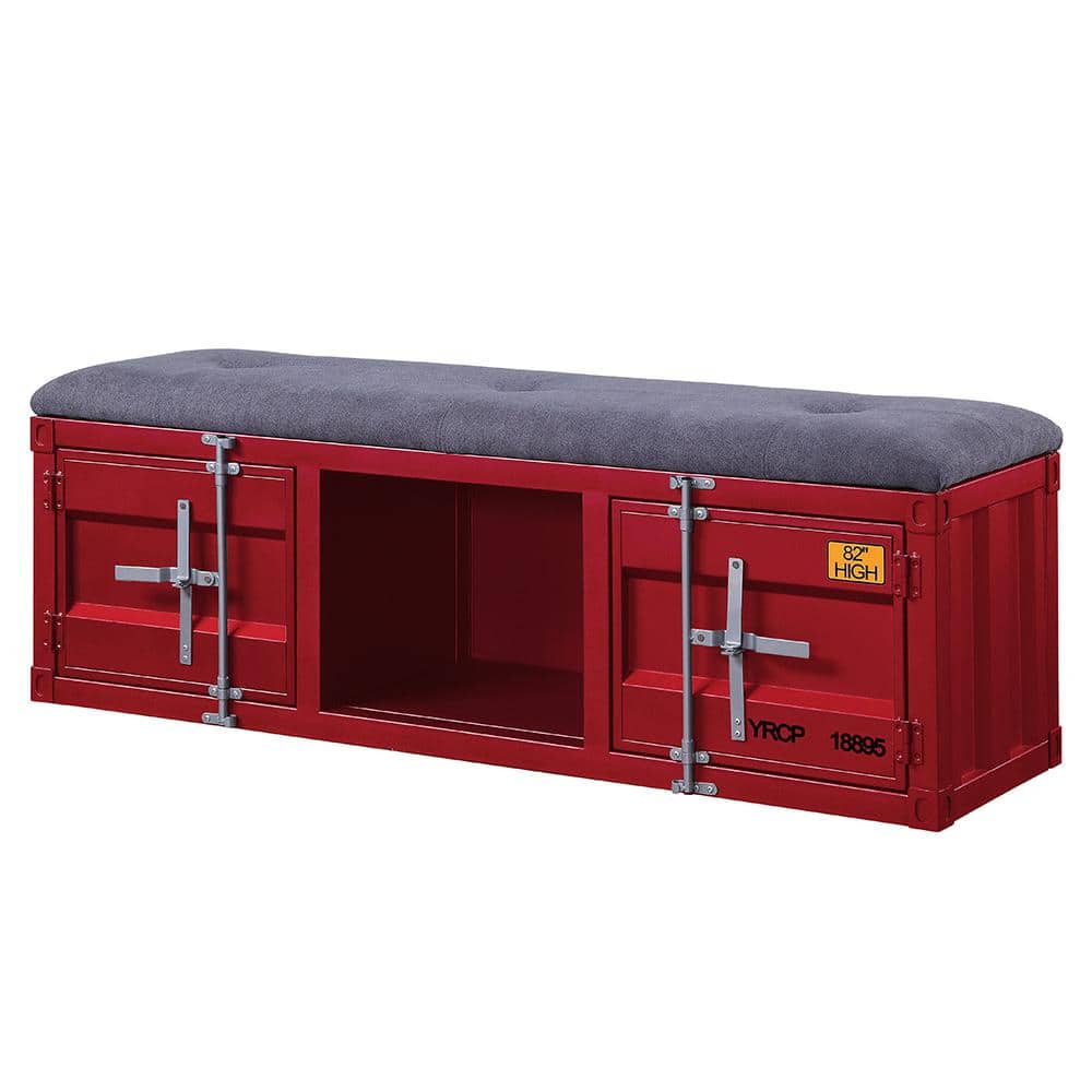 Konto Industrial Gray Fabric & Red Metal Storage Bedroom Bench