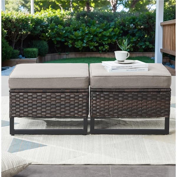 Pocassy 2-Pack Brown Wicker Outdoor Ottoman Steel Frame Footstool with Removable Gray Cushions