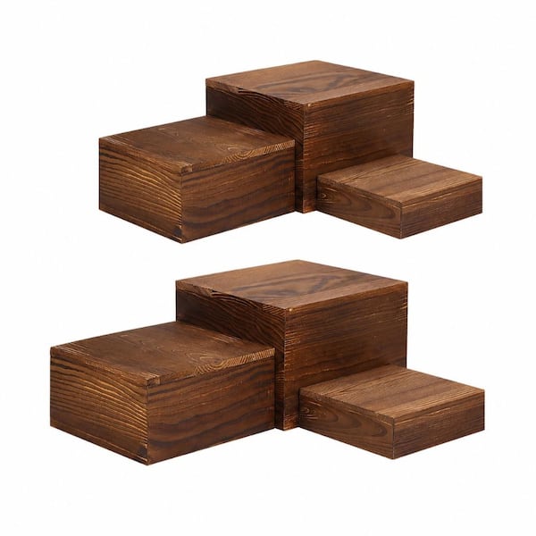 6-Pack Rustic Natural Wood Square Cake and Cupcake Display Riser Stands with Stackable Crate Design