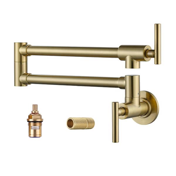ARCORA Brass Double Handle Wall Mount Pot Filler in in Gold & Black
