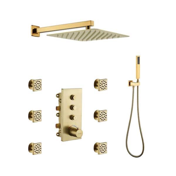 Luxury Thermostatic 3-Spray 12 in. Flush Wall Mount Rainfall Shower Faucet with Handheld Shower 1.8 GPM in Brushed Gold