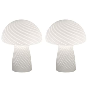 Mushroom 9.05 in. Modern Bedside Table Lamp with Bright White Strips Glass Shade(Set of 2)