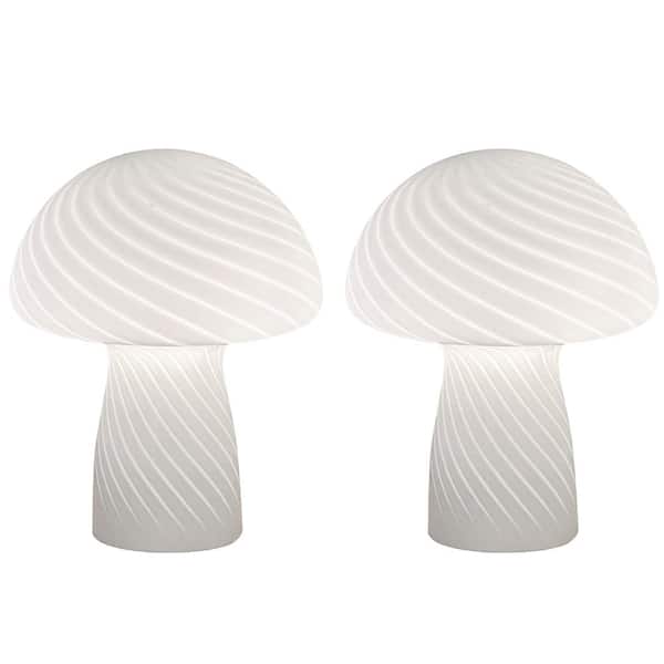 Uixe Mushroom 9.05 in. Modern Bedside Table Lamp with Bright White Strips Glass Shade(Set of 2)