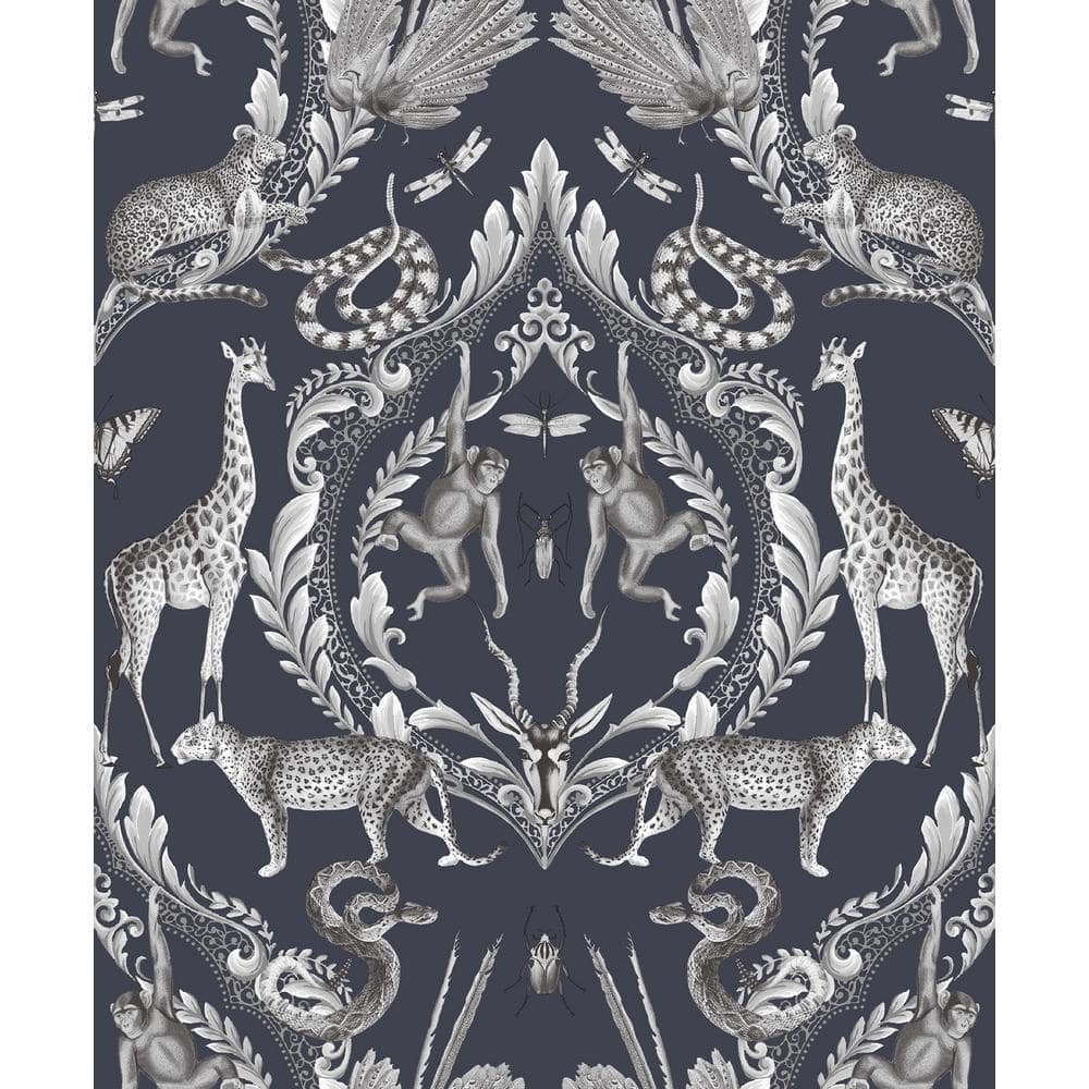 Bazaar Collection Navy / White Animal Menagerie Damask Non-Woven Non-Pasted