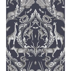 Bazaar Collection Navy / White Animal Menagerie Damask Non-Woven Non-Pasted Wallpaper Roll (Covers 57 sq.ft.)