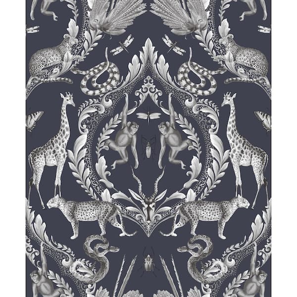 Unbranded Bazaar Collection Navy / White Animal Menagerie Damask Non-Woven Non-Pasted Wallpaper Roll (Covers 57 sq.ft.)