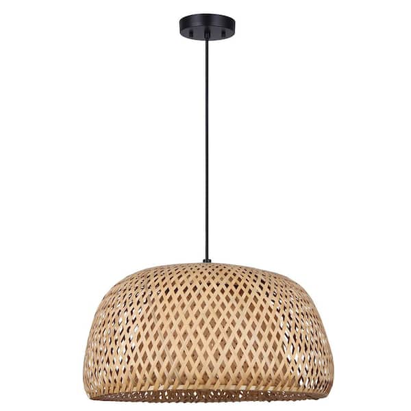 CANARM Sariel 60-Watt 1 Light Matte Black Contemporary Pendant Light with Natural Bamboo Shade
