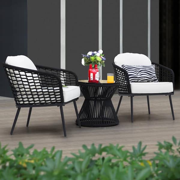 3-Piece Black Wicker Metal Outdoor Furniture Patio Conversation Set Stylish Balcony Porch Set with White Cushion