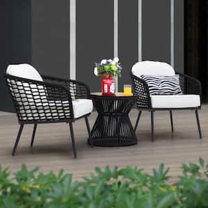3-Piece Black Wicker Metal Outdoor Furniture Patio Conversation Set Stylish Balcony Porch Set with White Cushion