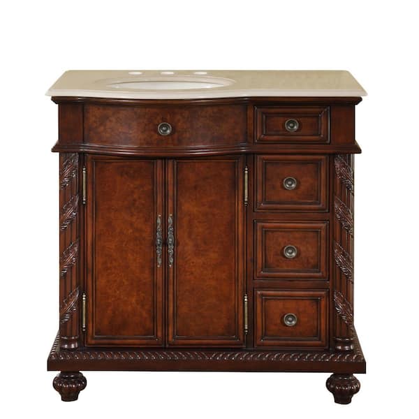 Silkroad Exclusive 36 in. W x 22 in. D Vanity in English Chestnut with Marble Vanity Top in Crema Marfil with Ivory Basin