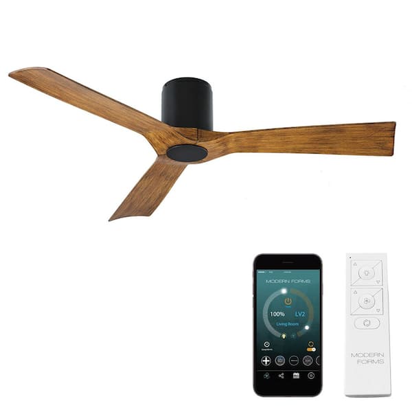 Modern Forms Aviator 54 in. Smart Indoor/Outdoor 3-Blade Flush Mount Ceiling Fan Matte Black Distressed Koa with Remote Control