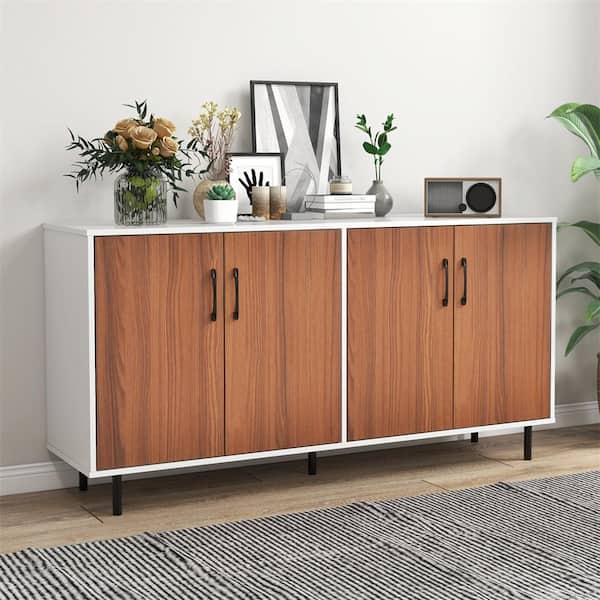 White and Walnut Wood 58 in. Buffet Server Sideboard Kitchen Storage Cabinet Cupboard with Shelves and 4 Doors