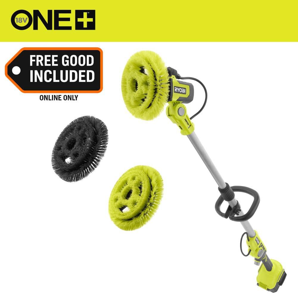 RYOBI ONE+ 18V Cordless Soap Dispensing Scrubber (Tool Only) with (2) 9 in. VORTEX Hard and Medium Brushes (PCL1701B-HR-MR)