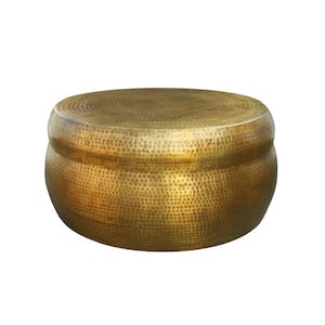 32 in. Antique Brass Round Drum Aluminum Metal Artisanal Coffee Table with Hammered Embossed Texturing