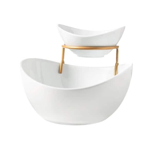 4.96 in. White Gold Porcelain Oval Chip and Dip Servers Set 2 Tiered Chip Dip Bowls with Metal Rack for Appetizer