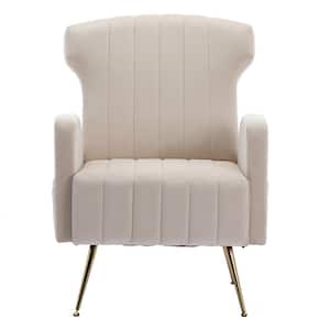 Modern Upholstered Beige Velvet Wingback Accent Arm Chair with Metal Legs