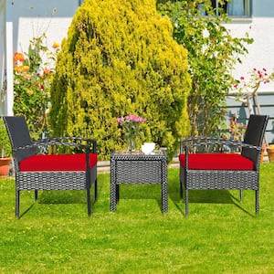 Black 3-Pieces Wicker Outdoor Sectional Set Patio Rattan Furniture with Red Cushions