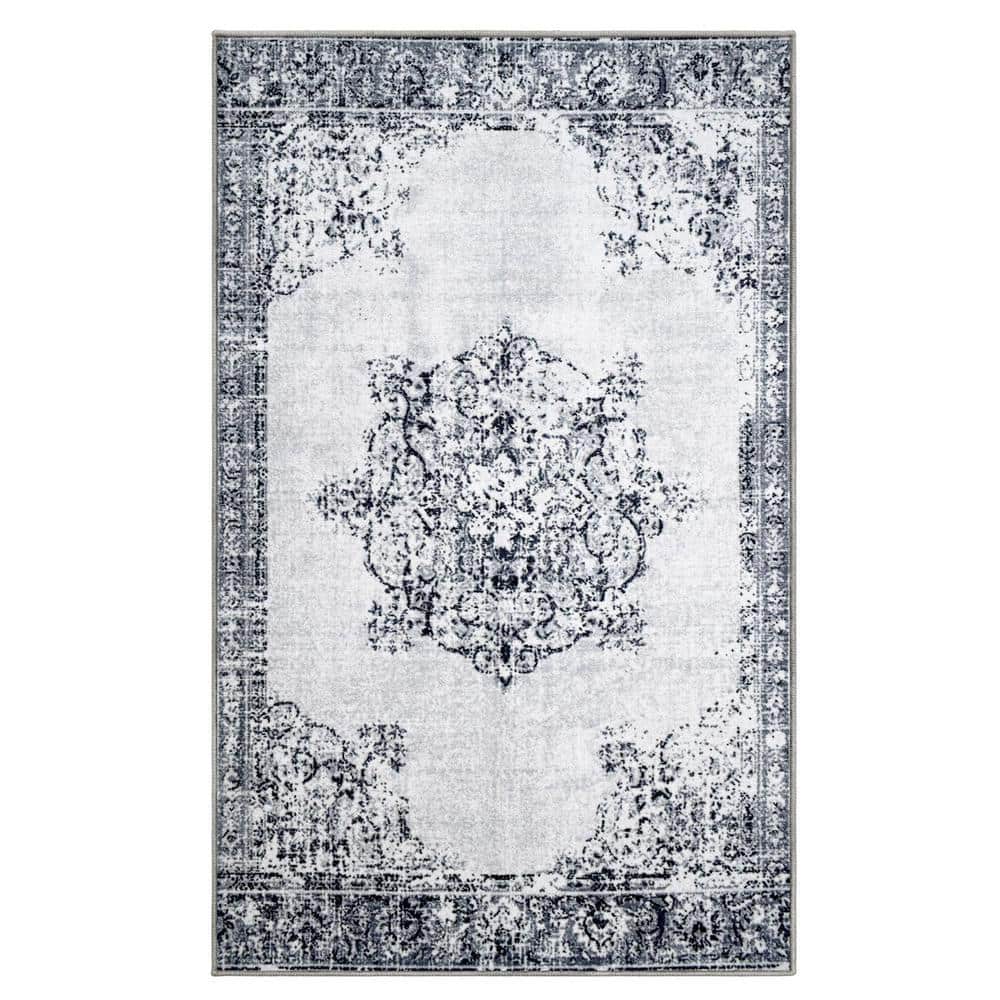 Gray 4'x6' Distressed Medallion Synthetic Non-Slip Area Rug
