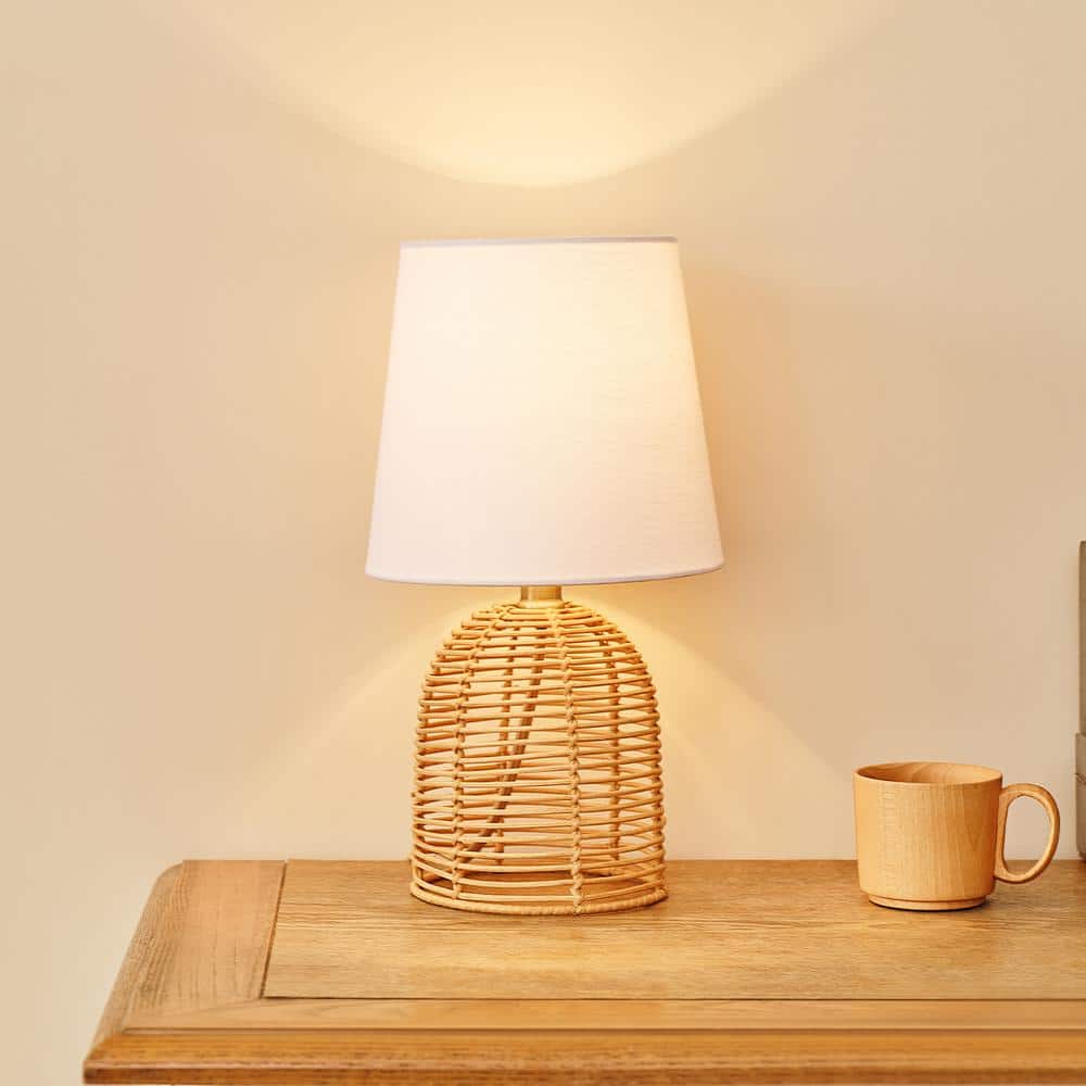 14" White Linen Shade Table Lamp with Rattan Base