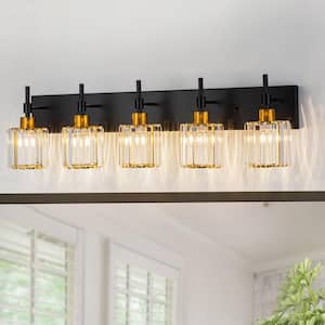 33.1 in. 5 Lights Black Gold Dimmable Modern Bathroom Vanity Light with Crystal Shades