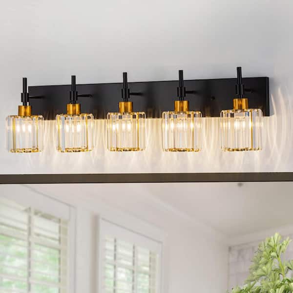 LLHZSY Schonbek 33.1 in. 5-Lights Black Gold Dimmable Modern Bathroom Vanity Light with Crystal Shades
