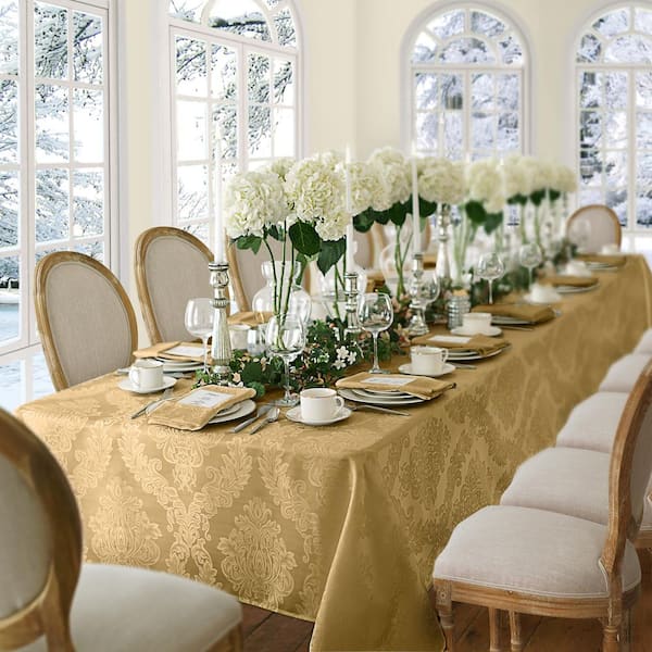 Elrene 60 in. W x 84 in. L OvaL Gold Barcelona Damask Fabric Tablecloth