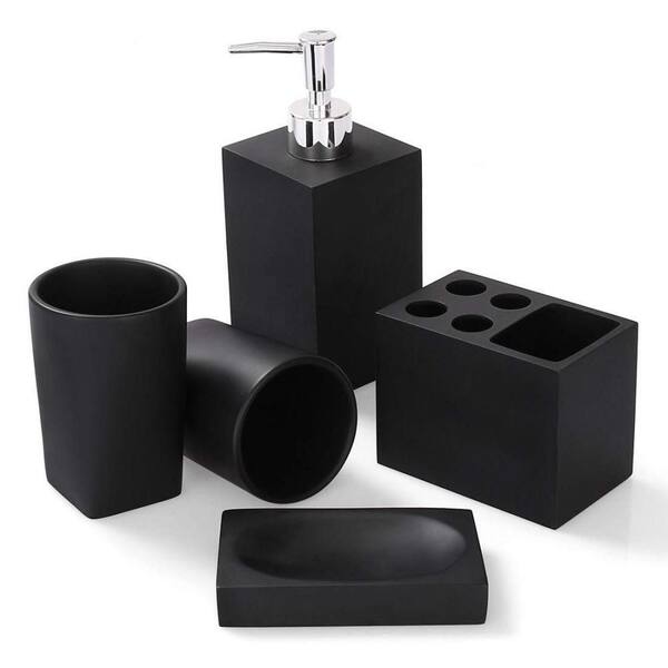 Resin Bathroom Accessories Set in Black,Bathroom Counter Accessories Set  with Soap Dispenser, Toothbrush Holder,2 Tumbler Cup, Soap Dish.Complete
