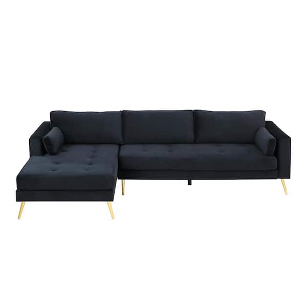 ZIRUWU 30 in. W Black Velvet Twin Sectional Sofa with 2 Pillows, L-Shape Upholstered Couch with Modern Elegant