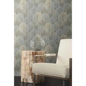 Blue and Taupe Leaf Concerto Non Woven Preium Peel and Stick Wallpaper Approximate 45 sq. ft.