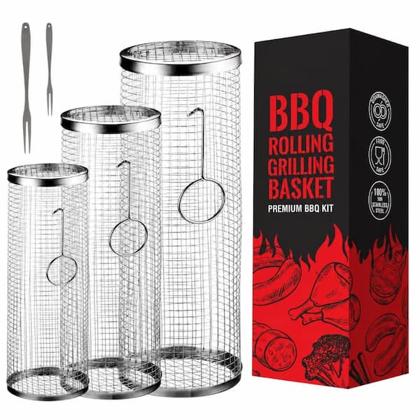 Stainless Steel Rolling Grill Basket, 11.81 x 3.54 x 3.54 in. Round Mesh Grill Rack Grill Racks