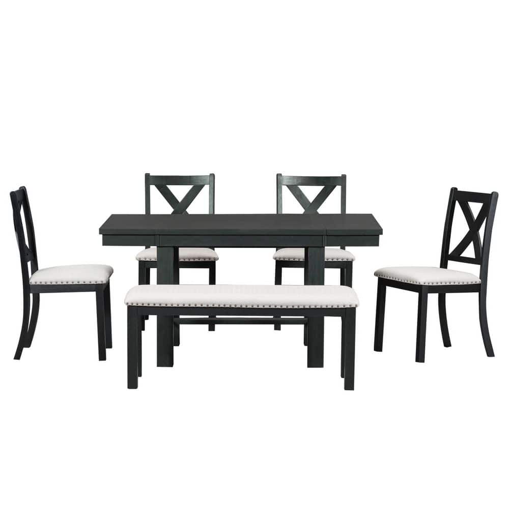 6-Piece Rectangular Extendable Black Wood Top Dining Table Set Seats 6 with 4 Upholstered Dining Chairs and Dining Bench
