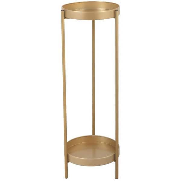 Modern Folding Metal 2-Tier Plant Stand Potted Plant Holder Shelf with 2 Round Trays Indoor Outdoor Versatile Golden