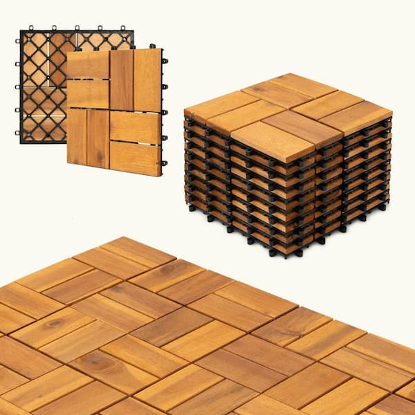 WRIGHTMASTER 0.98 ft. x 0.98 ft. Quick Deck 8 Slats Solid Acacia Wood Interlocking Deck Tile in Teak Brown (25.93 sq. ft. per Box)