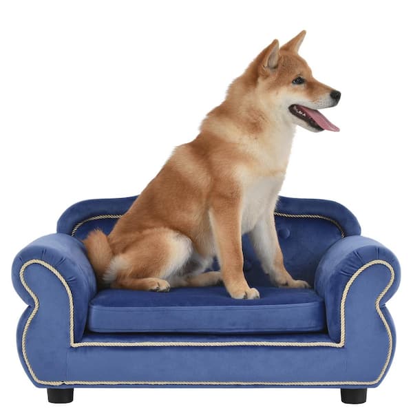 Small 37 in. Beige Pet Sofa Dog Sofa Cat Sofa Cat Bed Pet Bed Dog Bed Rectangle with Movable Cushion and Wood Style Foot