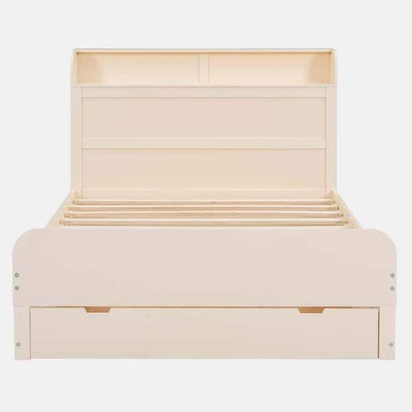 wetiny Cream White Wood Frame King Size Platform Bed with Storage Headboard and a Big Drawer
