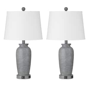Allisan 24.3 in. Grey Ceremic Table Lamp Set with Type-C, USB Port, and Built-In Outlet