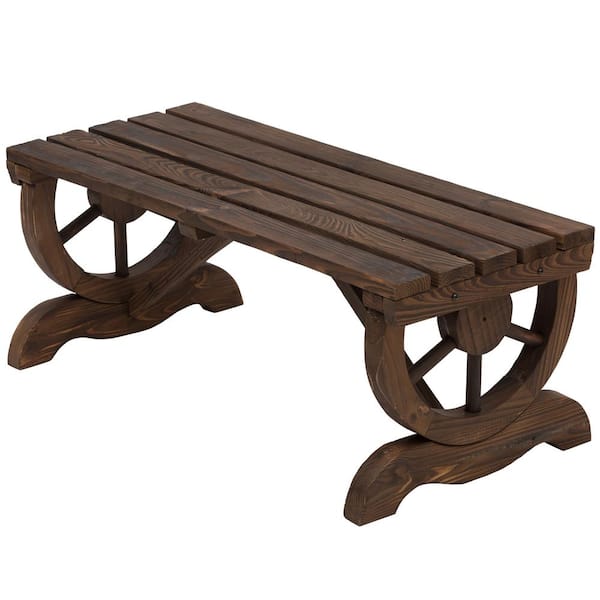 Outsunny Rustic Wood Wheel Outdoor Garden Bench for 2-People with a Unique Wheel Design on the Legs and Durable Build