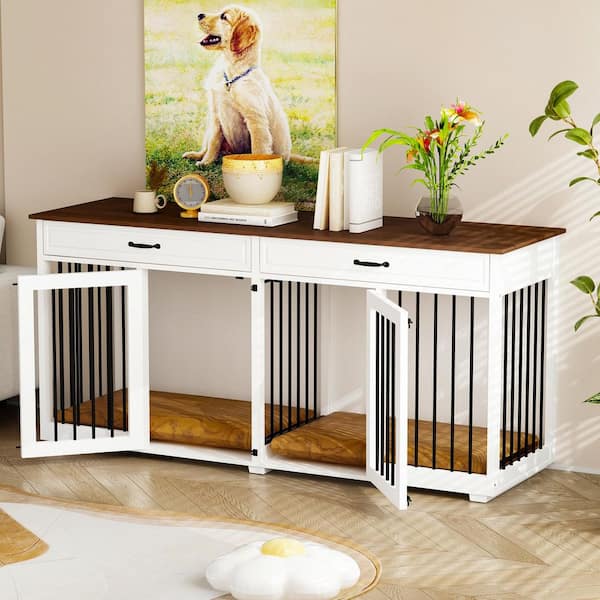 Furniture Style Dog Crate, 72 in. Large Wooden Dog Kennel with Drawers Divider, Heavy Duty Indoor Dog Cage for 2-Dogs