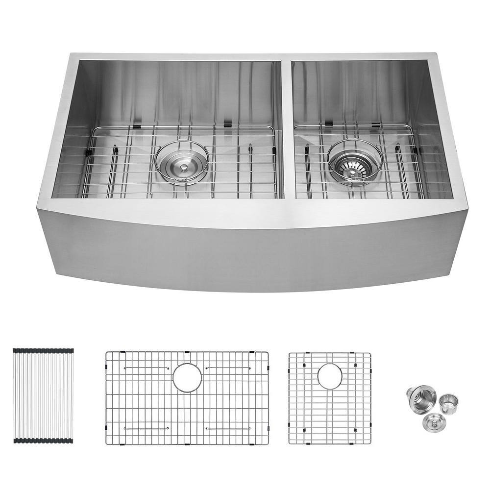 LORDEAR 18-Gauge Stainless Steel 33 in. Double Bowl 60/40 Farmhouse/Apron Kitchen Sink with Bottom Grid, Stainless Steel Finish -  H-LMA33209A2-64