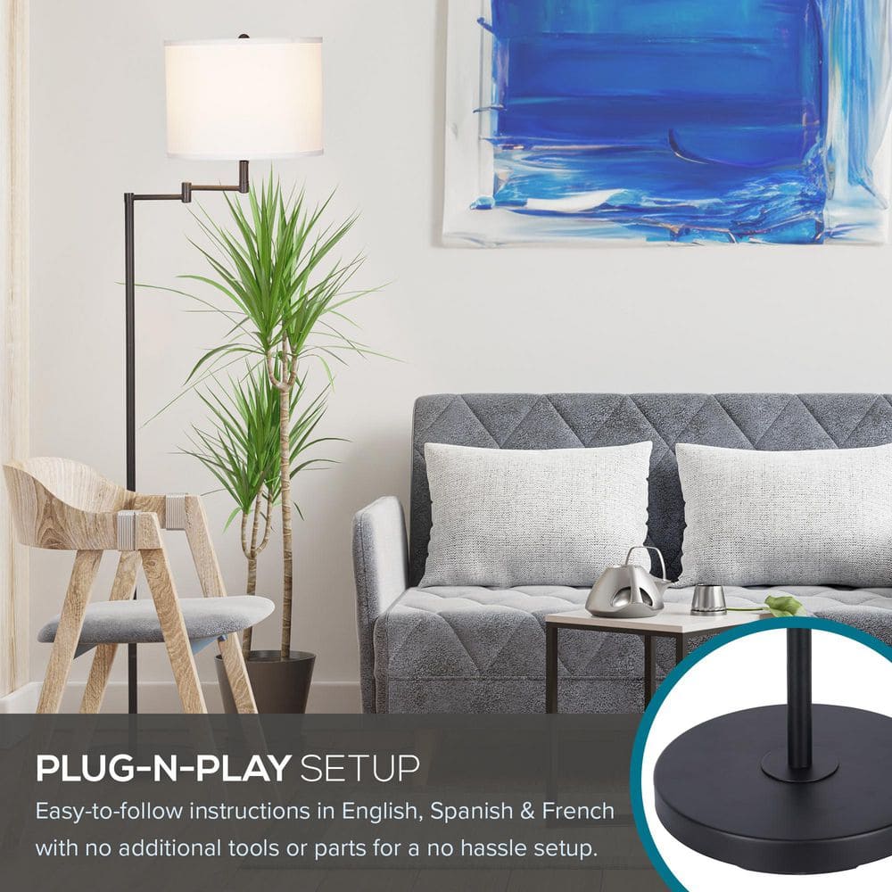 Black Metal Swing Arm Floor Lamp with White Linen Shade