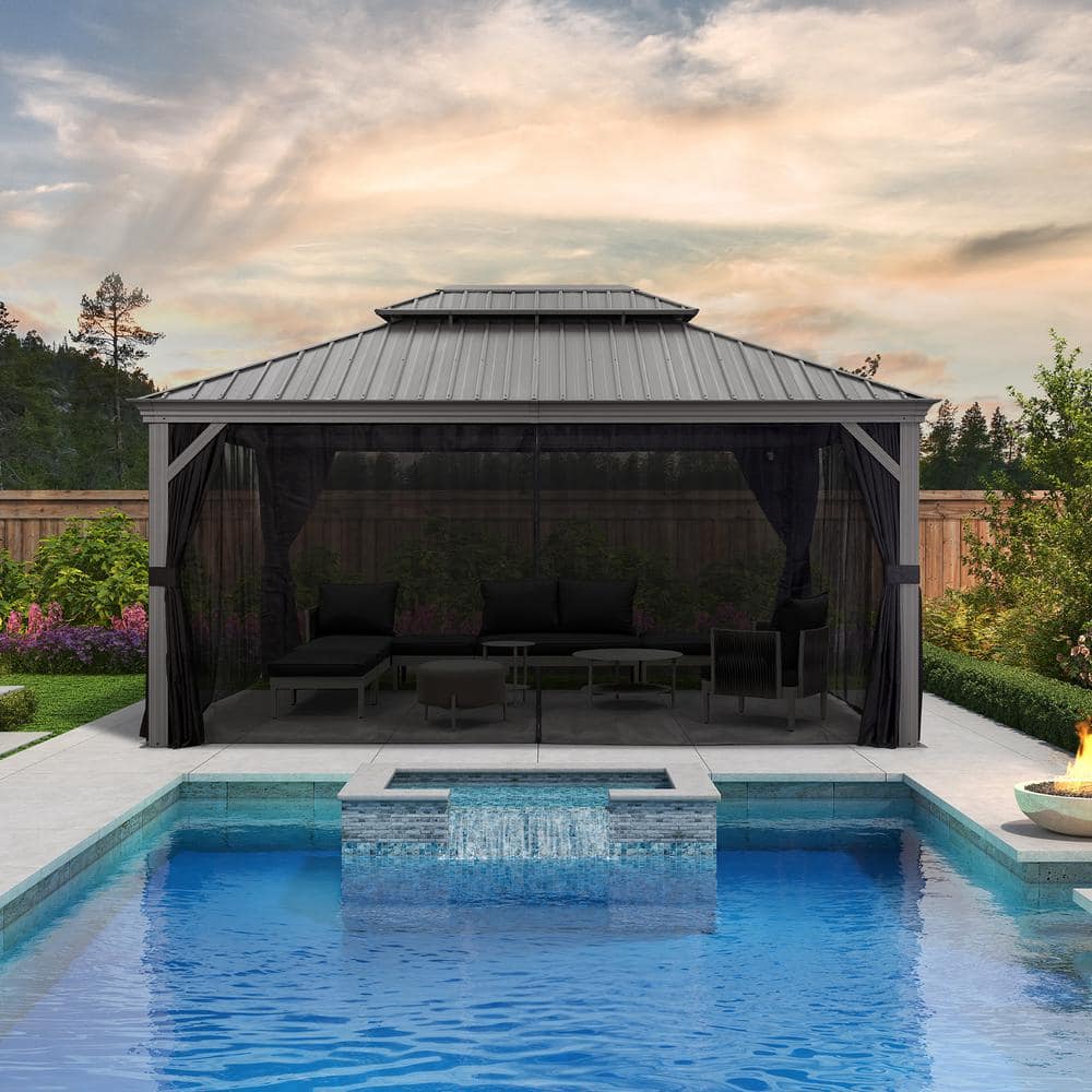 12' x 16' Black Aluminum Hardtop Patio Gazebo with Curtains