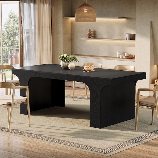 Roesler Elegant Black Wood Finish Dining Table with Smooth Arc Design, 70.9 in. Sled Long Kitchen Dining Table Seats 6-8