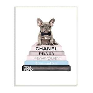 10 in. x 15 in. "Grey Blue and Black Fashion Bookstack with Grey Frenchie Puppy" by Amanda Greenwood Wood Wall Art
